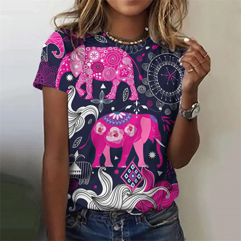 Camiseta feminina estampada com flores polinésias 3D, gola redonda, manga curta, camiseta feminina bonita, moda verão, rua, novo