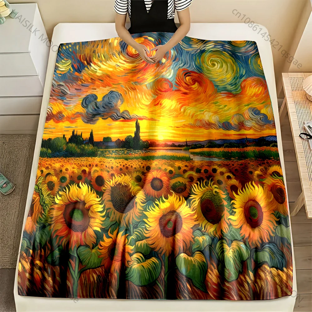 Multi-size Van Gogh's Swirling Sunflowers Pattern Blanket Flannel Material Soft Warm for All Seasons Home Camping Picnics RV
