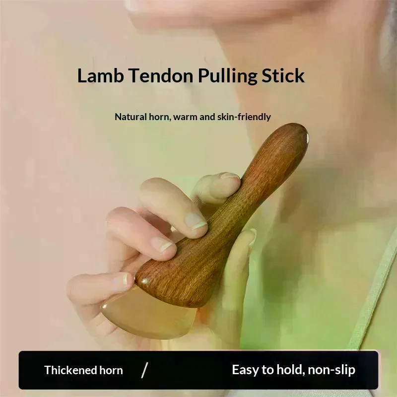 Natural Sheep Horn Gua Sha Tool With Non Slip Wooden Handle Skin Friendly For Facial Massage Home Use
