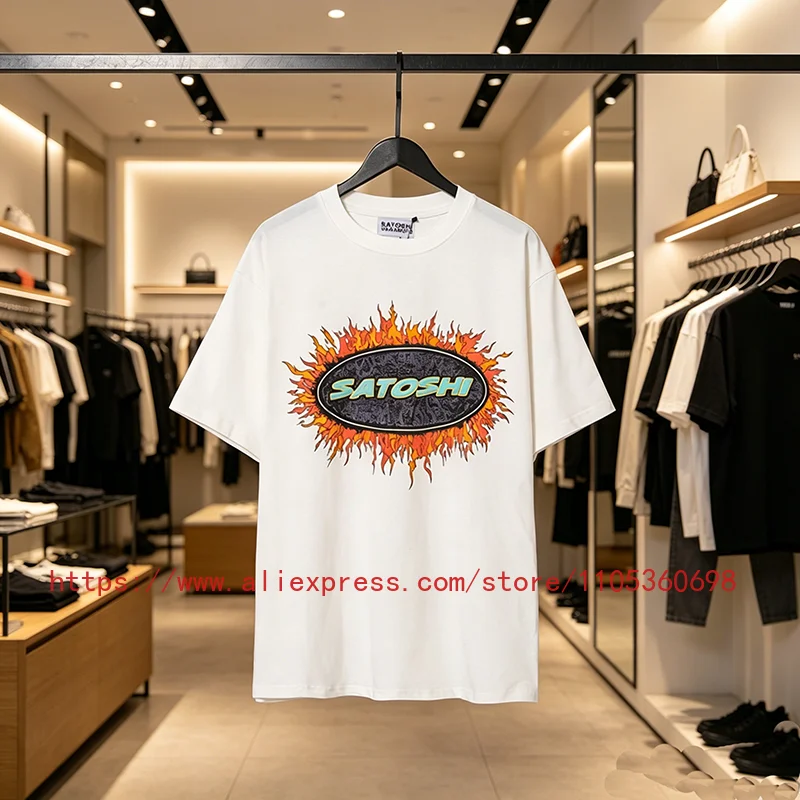 New Satoshi Men's T-shirt with Orange Red Gradient Flame Pattern Short Sleeved Casual Loose Round Neck Top