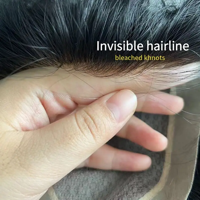 Slik Base Men toupee with Thin Skin Pu Bleached Khots Invisible Hairline Male Hair Prosthesis 100% Natural Human Hair Units