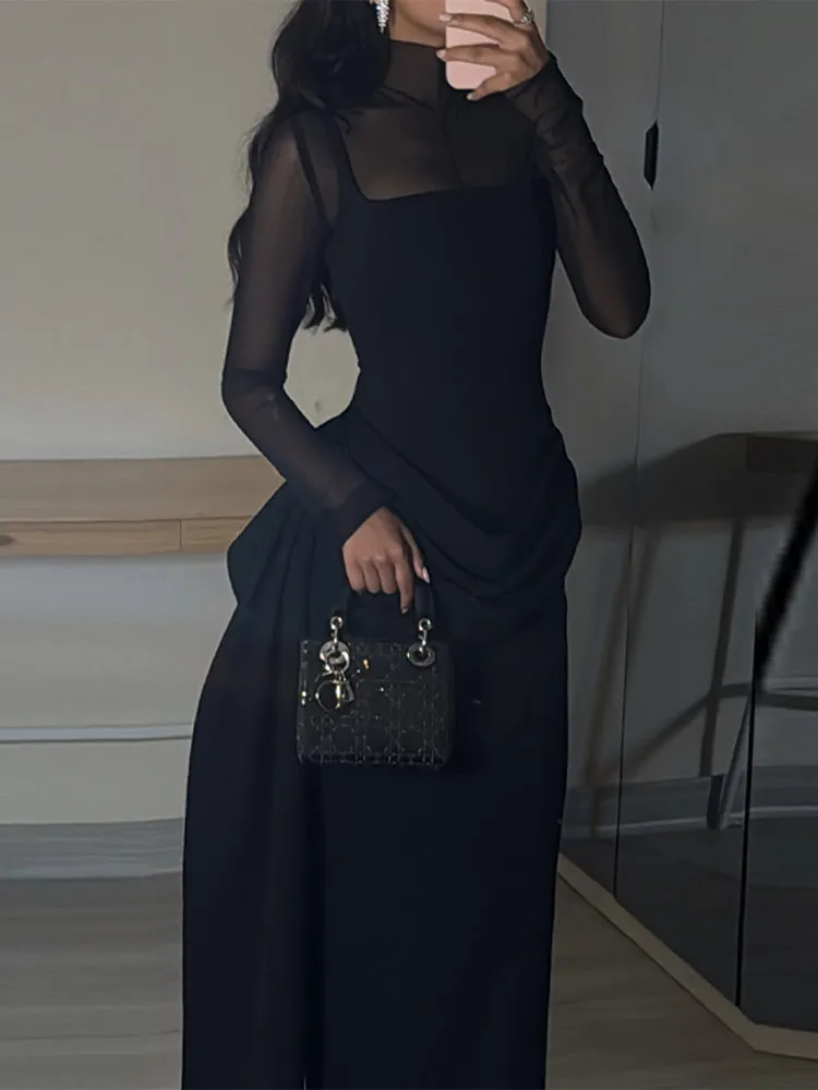 فستان نسائي مثير أسود شفاف أنيق برقبة عالية وأكمام طويلة فستان شبكي 2026 ملابس عصرية أنيقة للحفلات المسائية