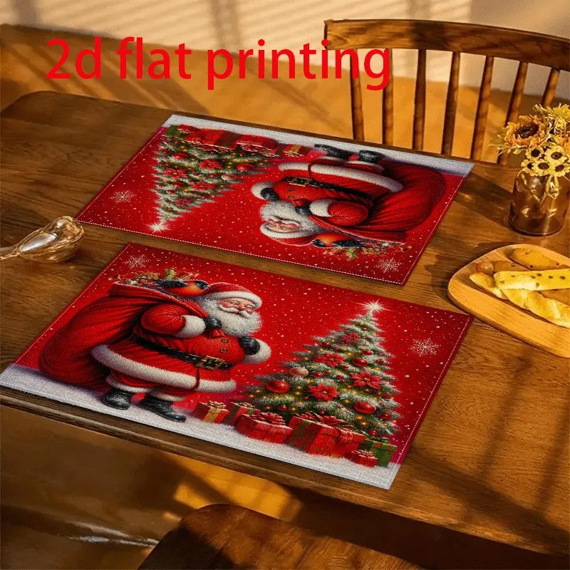 VIKAMA Christmas Linen Placemat, Red Winter Foliage Scalloped Edge, Machine Washable Heat Resistant, Dining Room