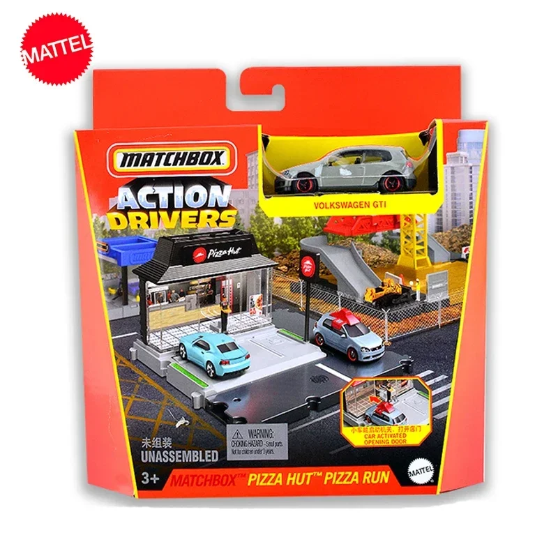 Original Mattel Matchbox Action Drivers Car Pizza Hut Pizza Run Playset Bus Station Scene Vehicle Toys for Boys Educational Prop