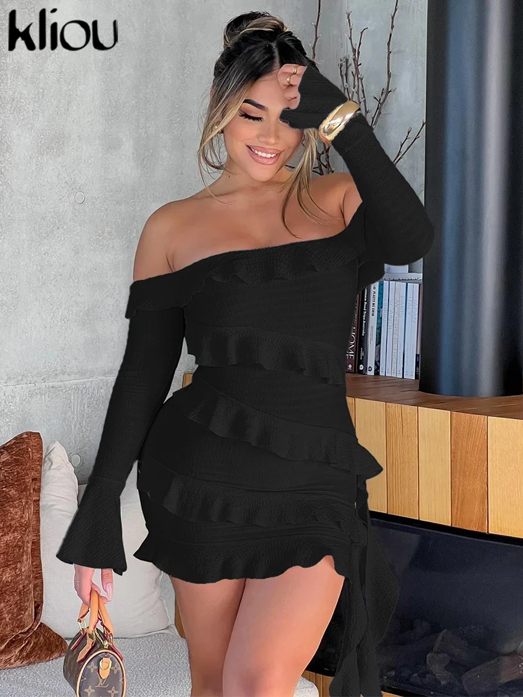 kliou Ruffle Hipster Women Dress New Concise Full Sleeve Off Shoulder Stacked Ribbons Skinny Mini Vestidos Mujer Streetwear Robe