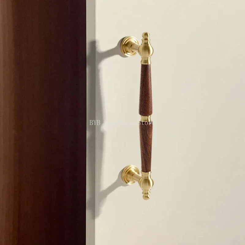 درج النحاس مقبض سحب العتيقة نمط العتيقة النحاس اللون خزانة باب خزانة ملابس مقبض خشب الجوز #2