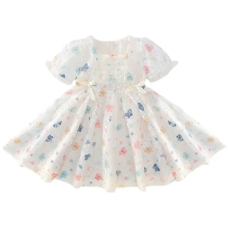 Cute Summer Princess Wedding Ball Birthday Party Clothes Girl Lace Butterfly Printing White Pink Dress Children 1-8 Year Old New