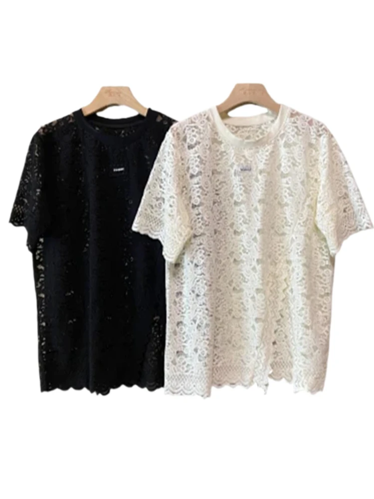 

Женская футболка с кружевом и вырезом ort Sve, новинка лета, свободная, супер красивая, уникальная, корейский топ, для поездок на работу и ветер