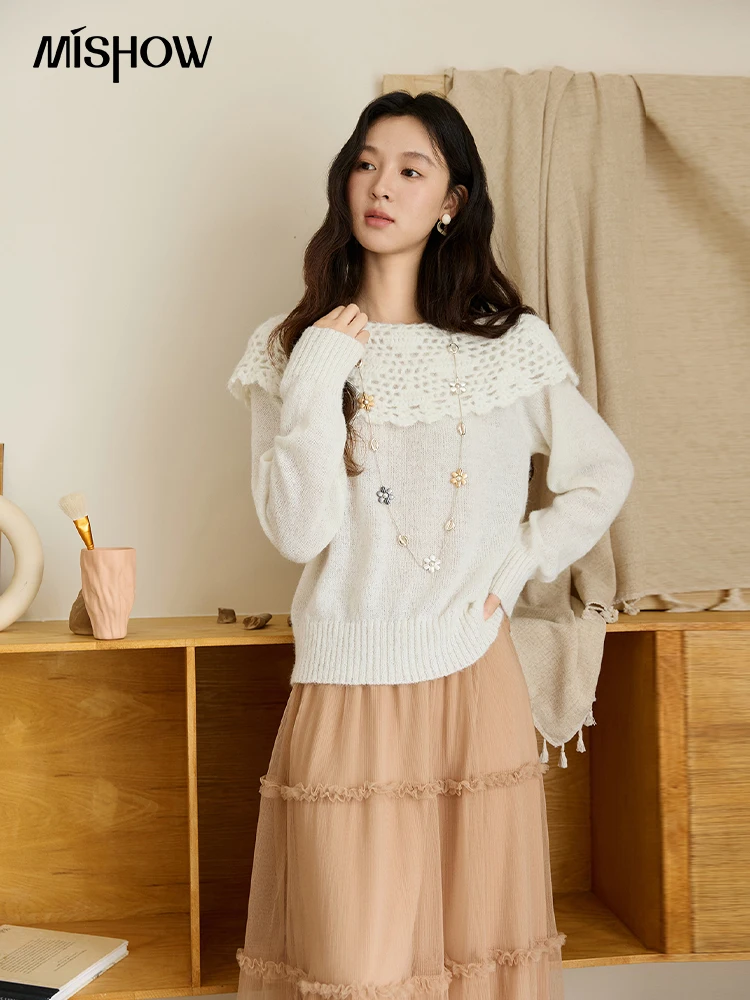 

MISHOW Long-sleeved Knitted Sweater for Women 2025 Autumn French Style Cream Round Neck Large Hook Collar Design Top MXE46Z2580