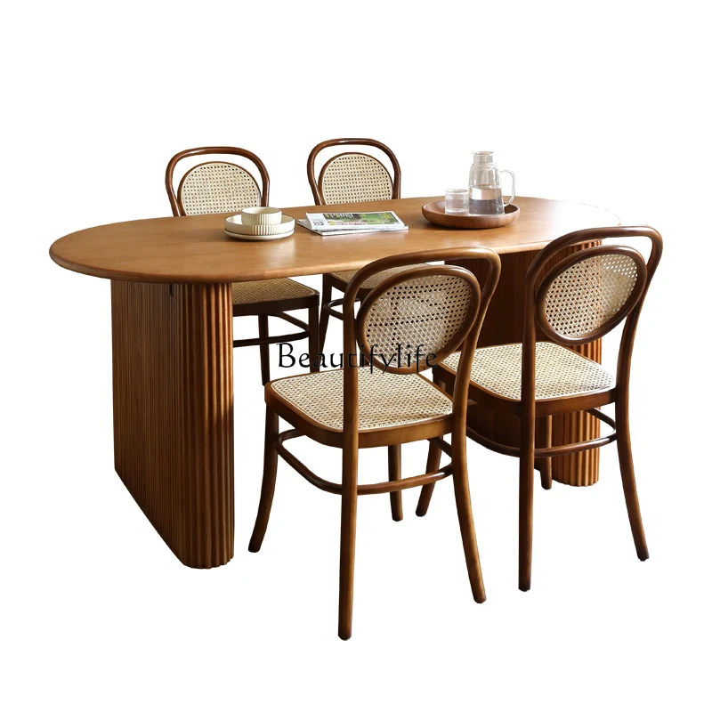 

Solid wood dining table and chair combination wabi-sabi wind Nordic ash wood rattan dining table