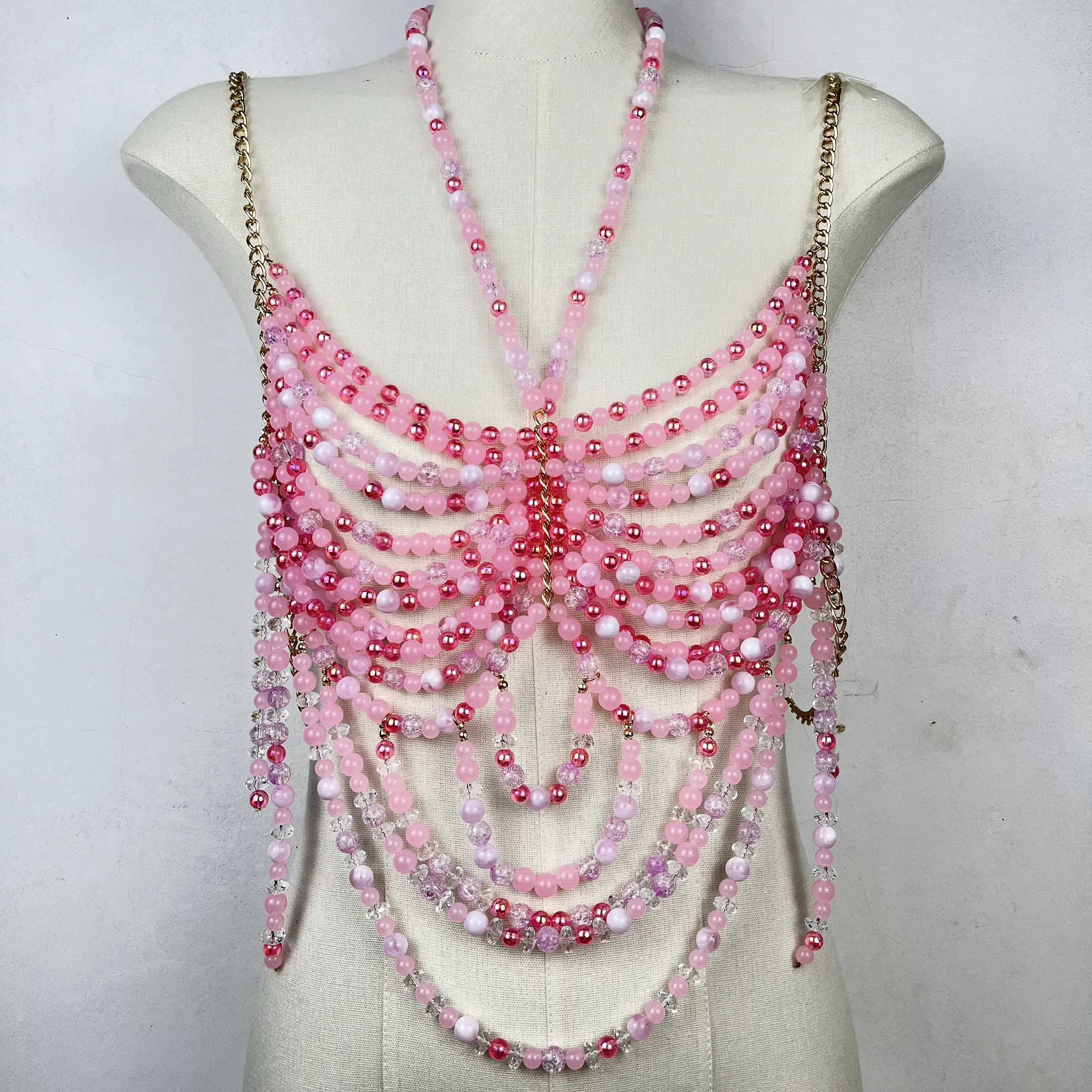 

Handmade Beads Pink Tie Neck Beaded Top Necklace Multi Layers Sexy Spice Girls Bustier Tank Top