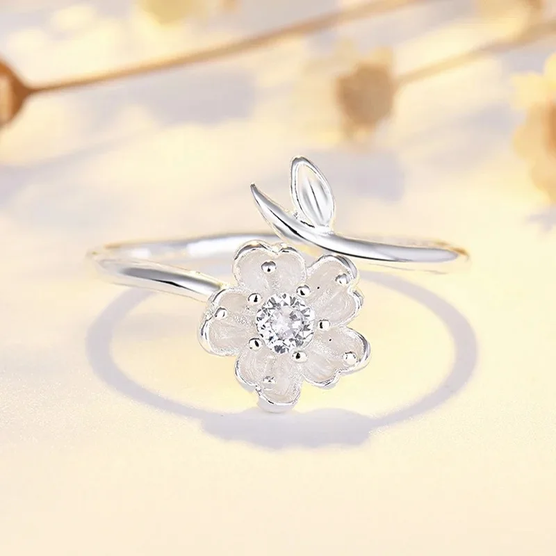 

925 Sterling Silver Opening Rings Sweet Cherry Blossom Zircon Adjustable Ring for Women Girls Wedding Party Fashion Jewelry Gift