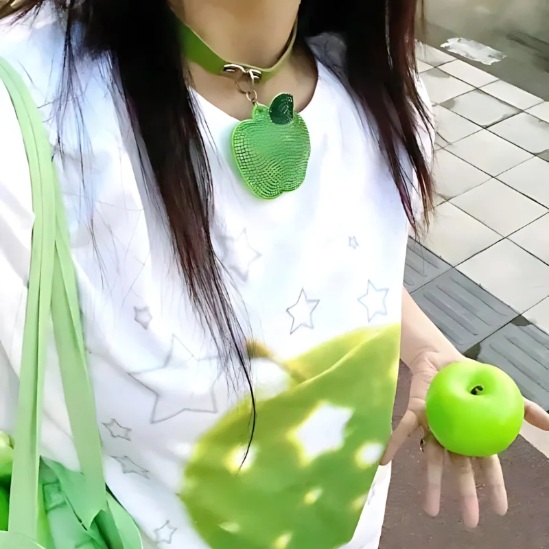 

Y2K сверкающая пентаграмма с принтом зеленого яблока, свободный топ с короткими рукавами, летняя мужская и женская повседневная футболка в американском стиле