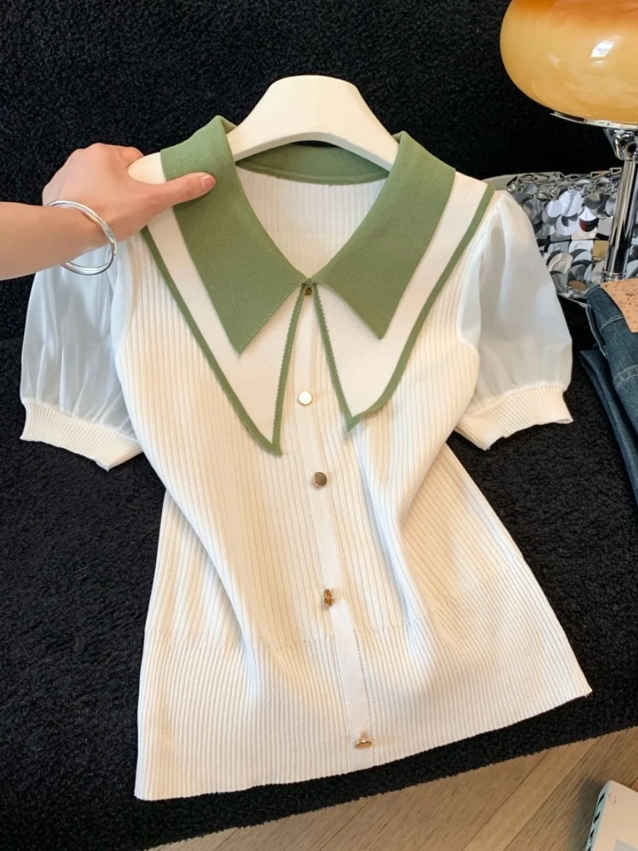 

Летний дизайнерский тонкий сетчатый вязаный свитер с коротким рукавом и воротником-стойкой для женщин, маленький размер, высококачественная модная одежда, омолаживающий эффект