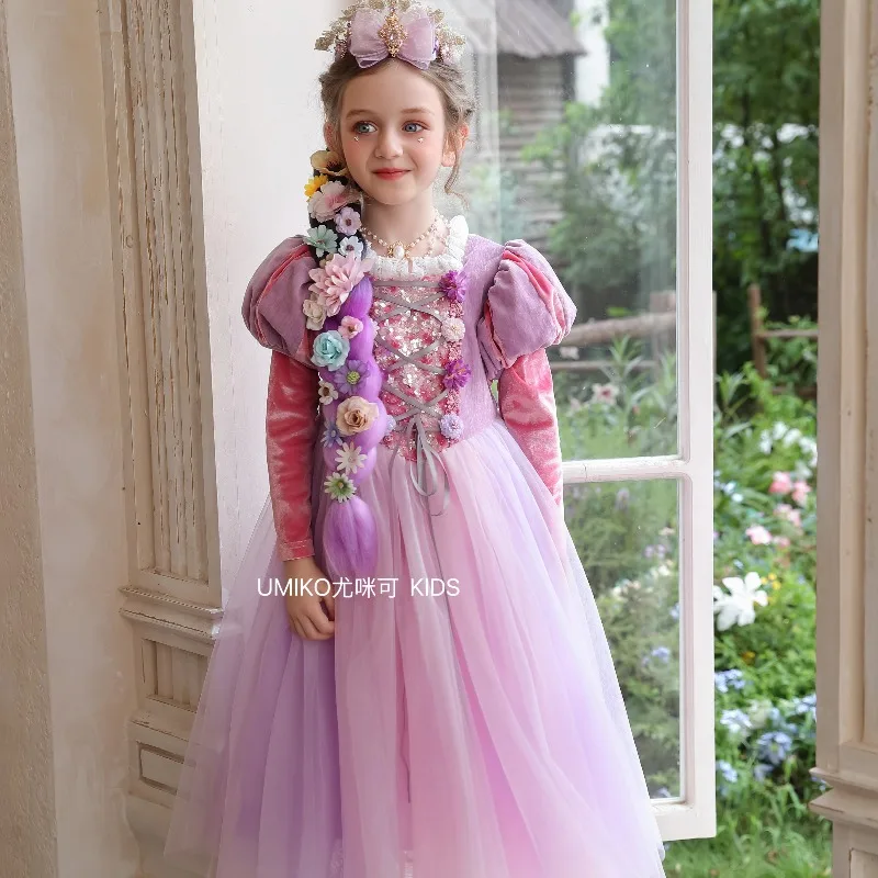 Pink Purple Gradient Tulle Girls Princess Dress Sequin Bodice Kids Fairy Ball Gown Children Birthday Party Costume