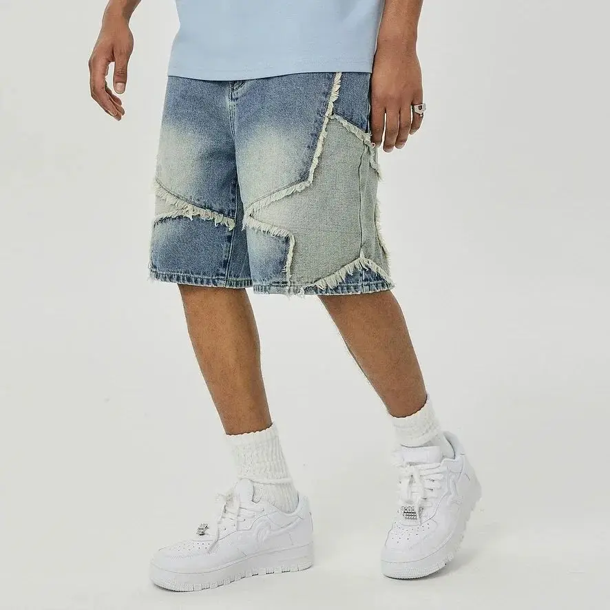 

High Street Washed Stars Patchwork Loose Fit Jeans Shorts Men's Casual Summer Short Pants Three-acetate Fiber Material