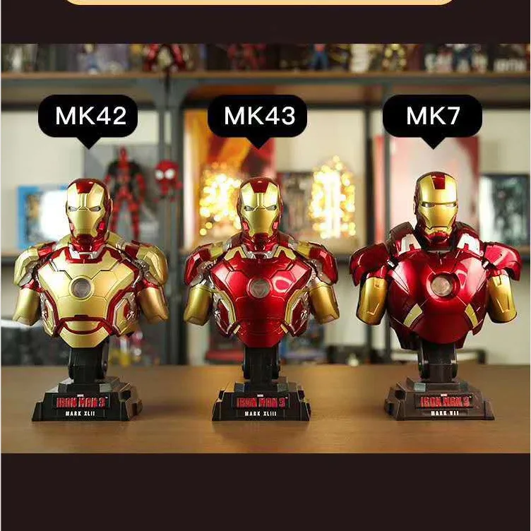 Iron Man Figure Bust MK43 MK42 MK7 Illuminated 1/4 Statue Desktop Decoration Model Ornament Hand Figure Model Doll Toy Boy Gift