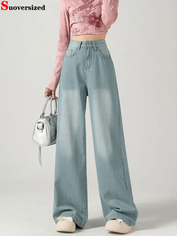 Gestreepte vintage jeans met wijde pijpen Baggy dames casual mode denim broek retro streetwear hoog getailleerde losse rechte vaqueros