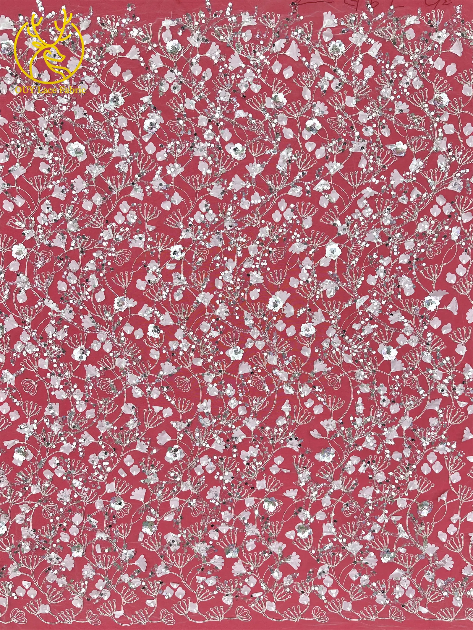 Französischer Pailletten-Spitzenstoff im Großhandel, 3D-Applikation, bestickte Spitze mit Perlen, afrikanischer Spitzenstoff für Abend- und Hochzeitskleider – Detail 13