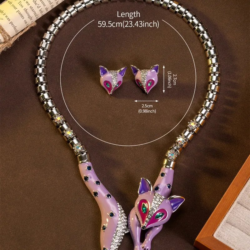 Hot Heavy Alloy Jewelry Set, Exaggerated Creative Fox Stud Earrings & Matching Necklace European Trendy Women Accessories