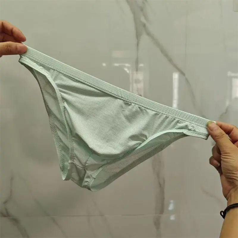 2025 Men's New Ice Silk Sexy Breathable Underwear Comfortable Mesh Low Waist Quick drying Silk Smooth Triangle Sports thong