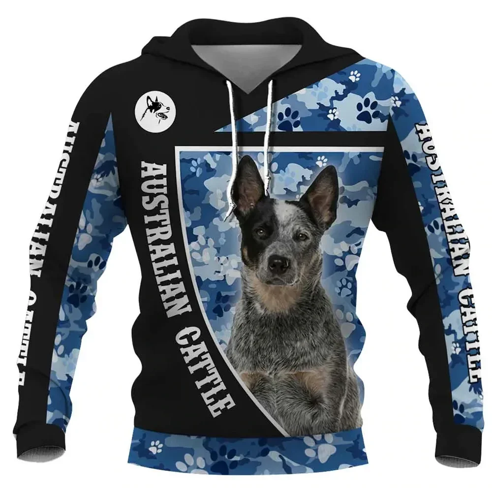 HX Australian Cattle Hoodies 3D Graphic Navy Camo Animals Dog Printed Sweatshirts Australian Shepherd Sportswear Dropshiping