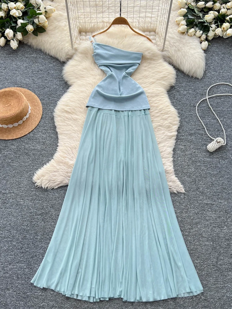 Dopne Pure Desire Sle Asymetryczny Kołnierzyk Dr Damska Letnia Plisowana Spódnica z Unikalnym, Pięknym Designem i Efektem Łączenia Materiałów