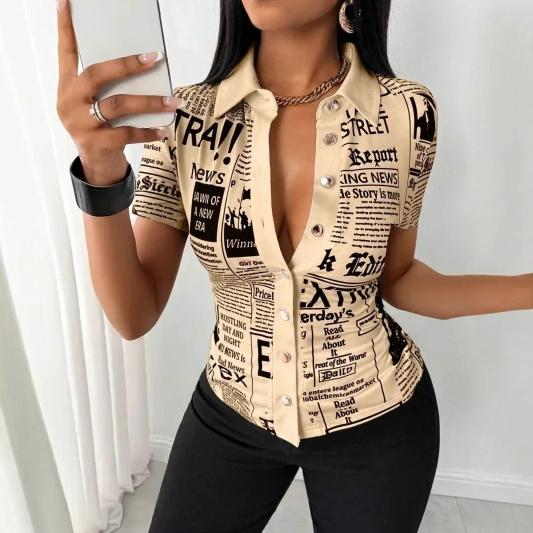 Women Lapel Collar Button Front Shirt Short Sleeve Casual Streetwear Daily Party Club Night Out Ladies Tops