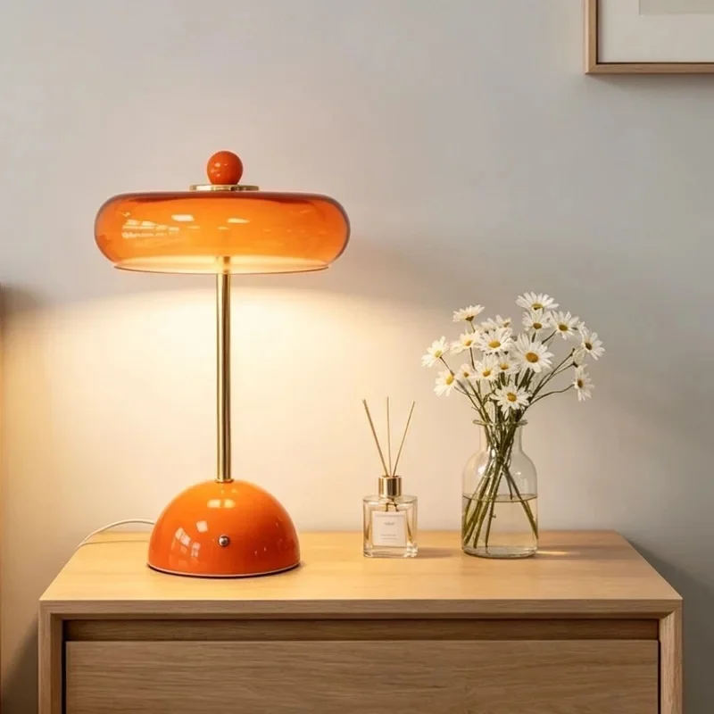 Vintage Orange Glass Table Lamp Mid Century Modern LED Bedside Desk Lamp Golden Metal Pole Bedroom Nightstand Decor Light