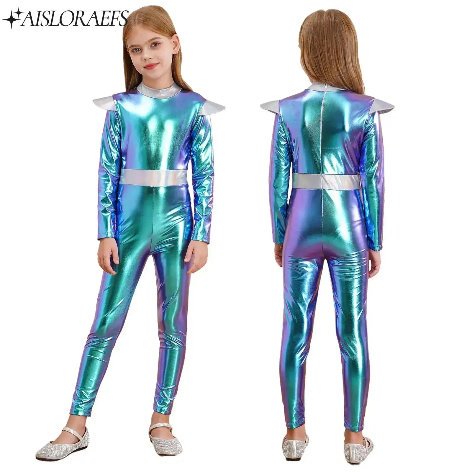 

Kids Girls Alien Cosplay Costume Long Sleeve Shiny Metallic Bodysuit Carnival Dress-Up Party Halloween Dance Performance Costume