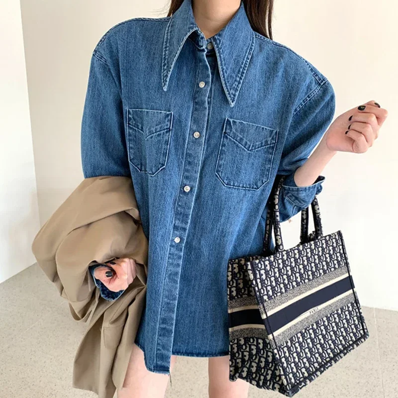 ONALIPPA Women Shirt Autumn Korean Chic Retro Simple Single-Breasted Loose Casual Double-Pocket Washed Blue Denim Blouses