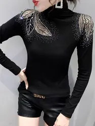 2024 New Arrival Diamond Set T-shirt Autumn Winter Woman M-3XL Long Sleeve Stand Collar High quality Cotton Velvet Hollow Out