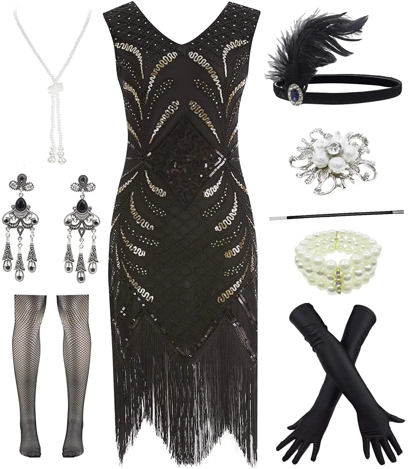 

Women 1920s Vintage Sequin Fringe Prom Gatsby Flapper Dress with 20s Headband Accessories Set women clothing