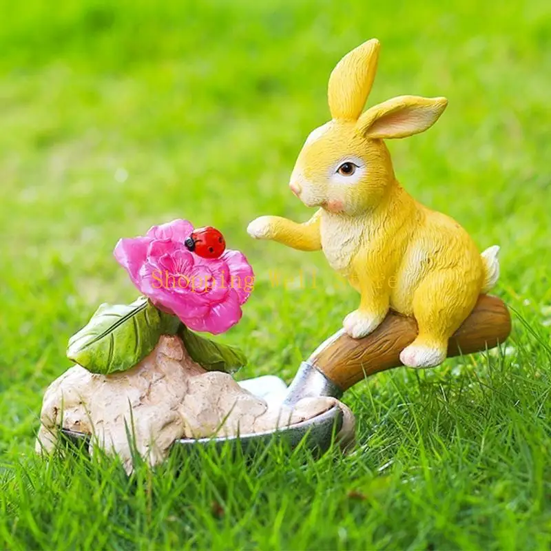 KX4B Cartoon Bunny Statue Solar Light Animal Resin Sitting Shovel White Rabbit
