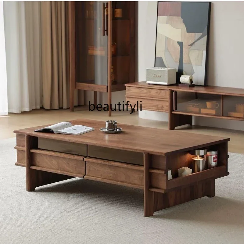

North American black walnut coffee table simple modern living room solid wood small apartment multi-functional locker