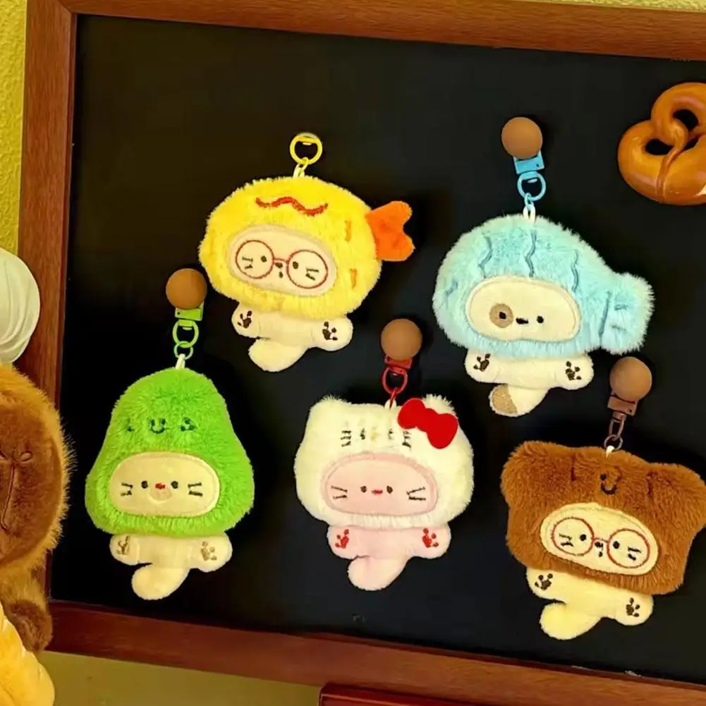 Porte-clés chat en peluche mignon avec capuche d'animal, breloque de sac à dos Kawaii pour filles, pendentif de jouet en peluche doux pour sacs et bagages