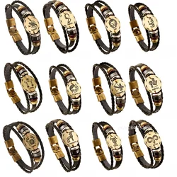 12 Horoscope Leather Bracelet For Women Man Vintage Retro Charm Male Bracelets Jewelry Gifts Leo Cancer Aries Couple Zodiac Sign