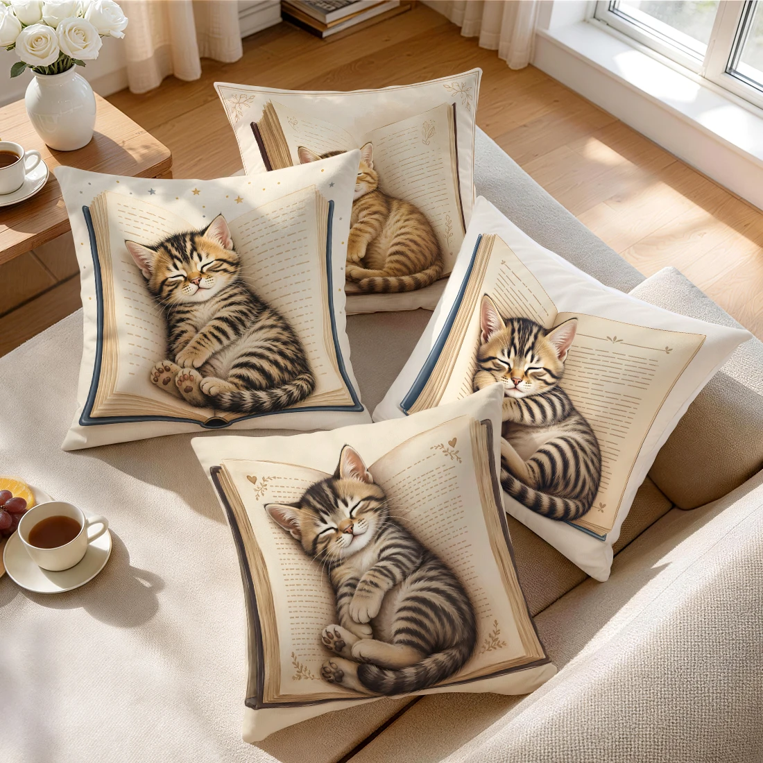Kitten Sleeping With Books Cushions Pillowcase Polyester Cushion Cover Throw Pillow Pillowcover Home Car Sofa Decor