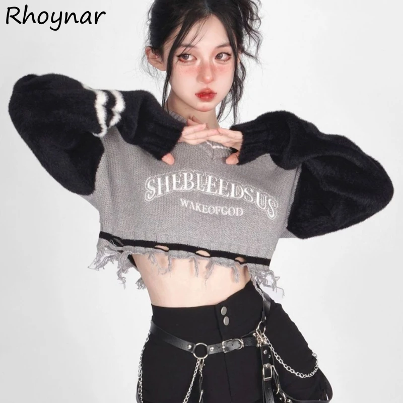 

Pullovers Women Spring Spicy Girls Streetwear Tassel Fake 2pcs American Style Letter Designed Off Shoulder Patchwork Ulzzang