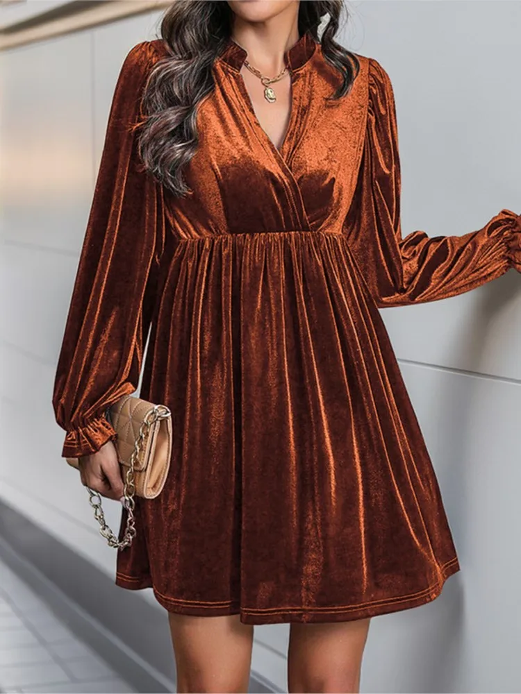 

Spring New Dress Clothes Women Fashion Temperament Commuting Velvet Solid Color V-neck Lantern Long Sleeved A-line Mini Dress