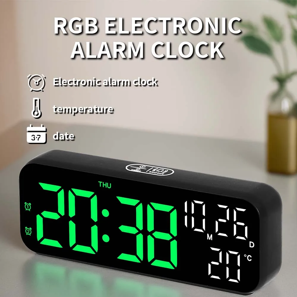 Digital Alarm Clock Temperature and Date Week Display Night Mode Table Clock Voice Control 12/24H Electronic LED Alarm Clocks