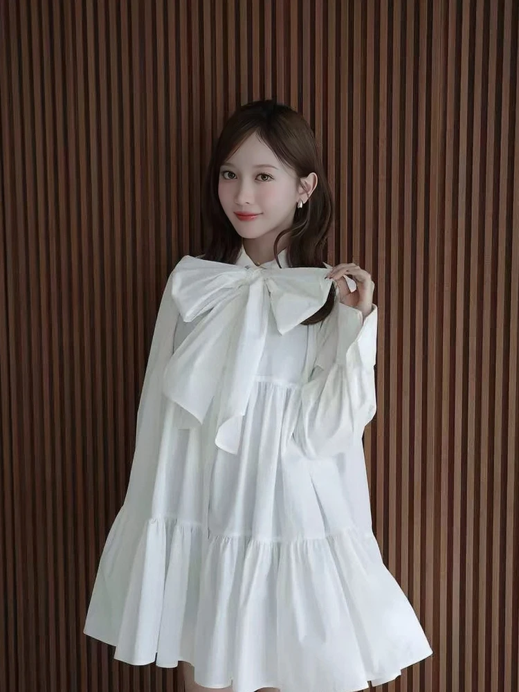 Elegancka francuska koszula z dużą kokardą, długi rękaw, styl japoński, damska luźna sukienka wyszczuplająca, krótka, codzienna, bazowa koszula/top.