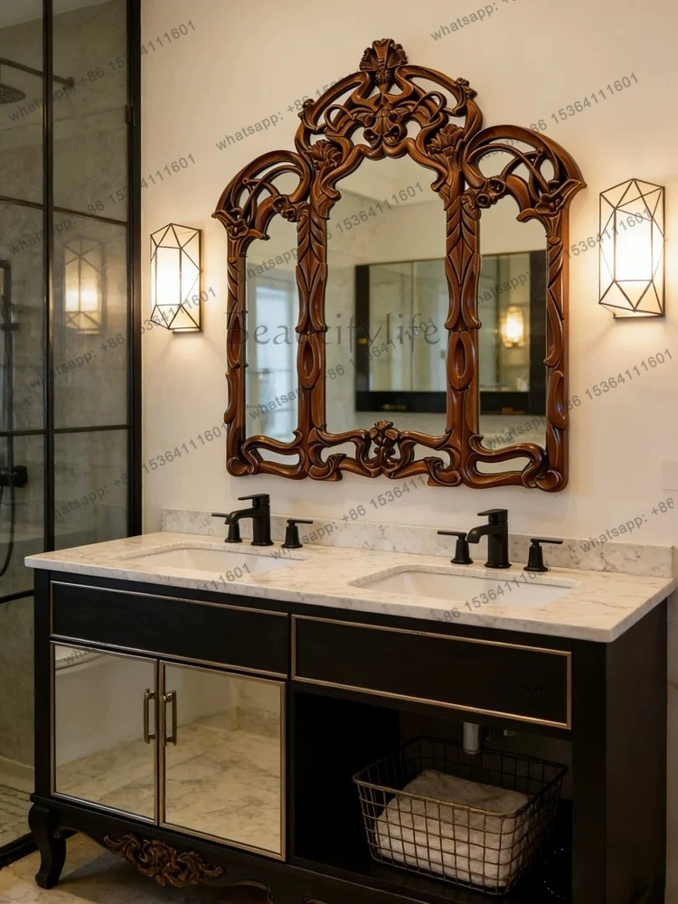 New Chinese classical bathroom mirror American carved retro makeup vanity mirror French medieval wall hanging