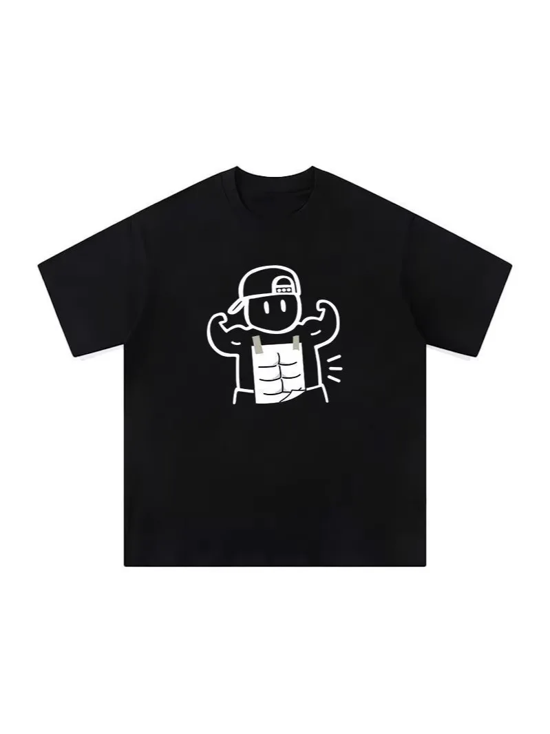 Funny Fake Muscle Gym Cartoon Graphic T-Shirt Casual Loose Crew Neck Short Sleeve Tee Workout Streetwear Tops for Daily Wear