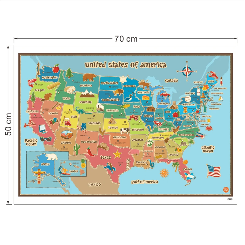 アメリカの国旗の動物と植物の地図、壁画アート、PVCデカール、米国、幼稚園、教室、家の装飾