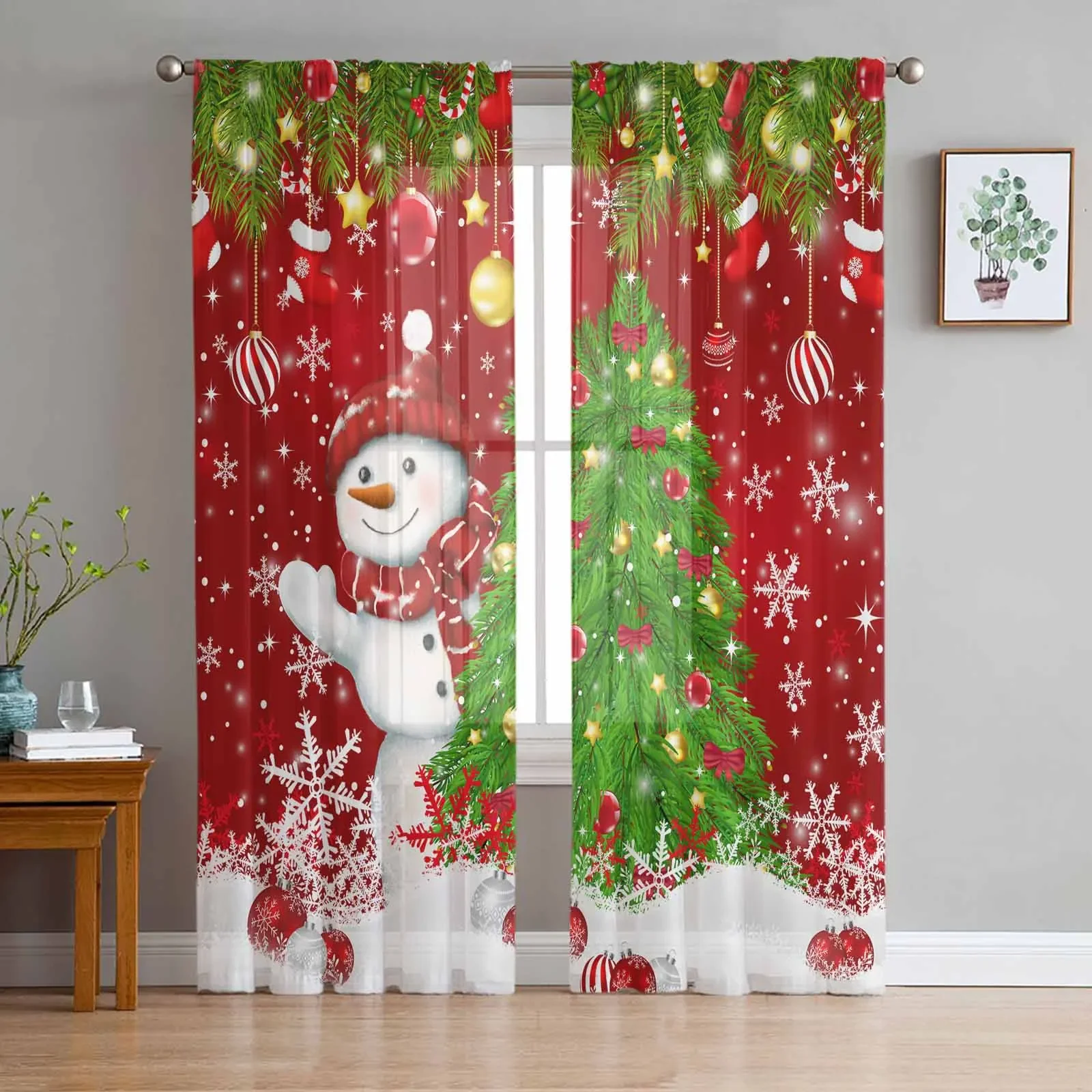 Christmas Snowman Pine Branch Socks Candy Sheer Curtains for Living Room Decoration Window Curtains Kitchen Tulle Voile Curtains