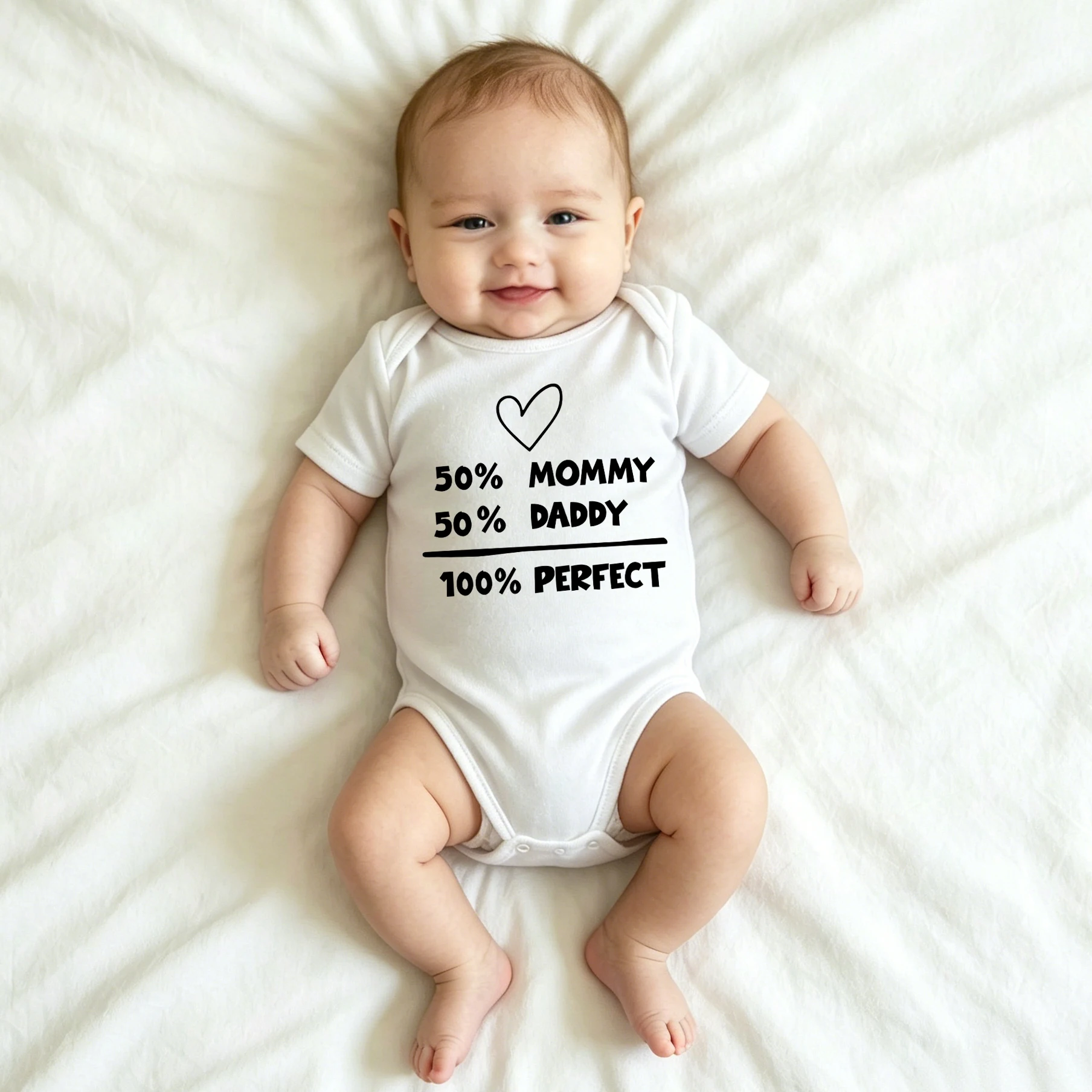 50% Mommy 50% Daddy 100% Perfect Baby Bodysuit Newborn Short Sleeve Onesie Cute Heart Print Infant Romper Baby Shower Gift