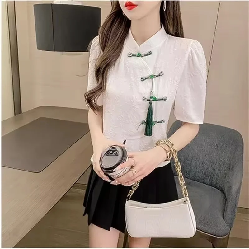 2025 verão estilo chinês camisas de mangas curtas feminino novo casaco sentido design nicho manga bolha cardigan irregular topos feminino