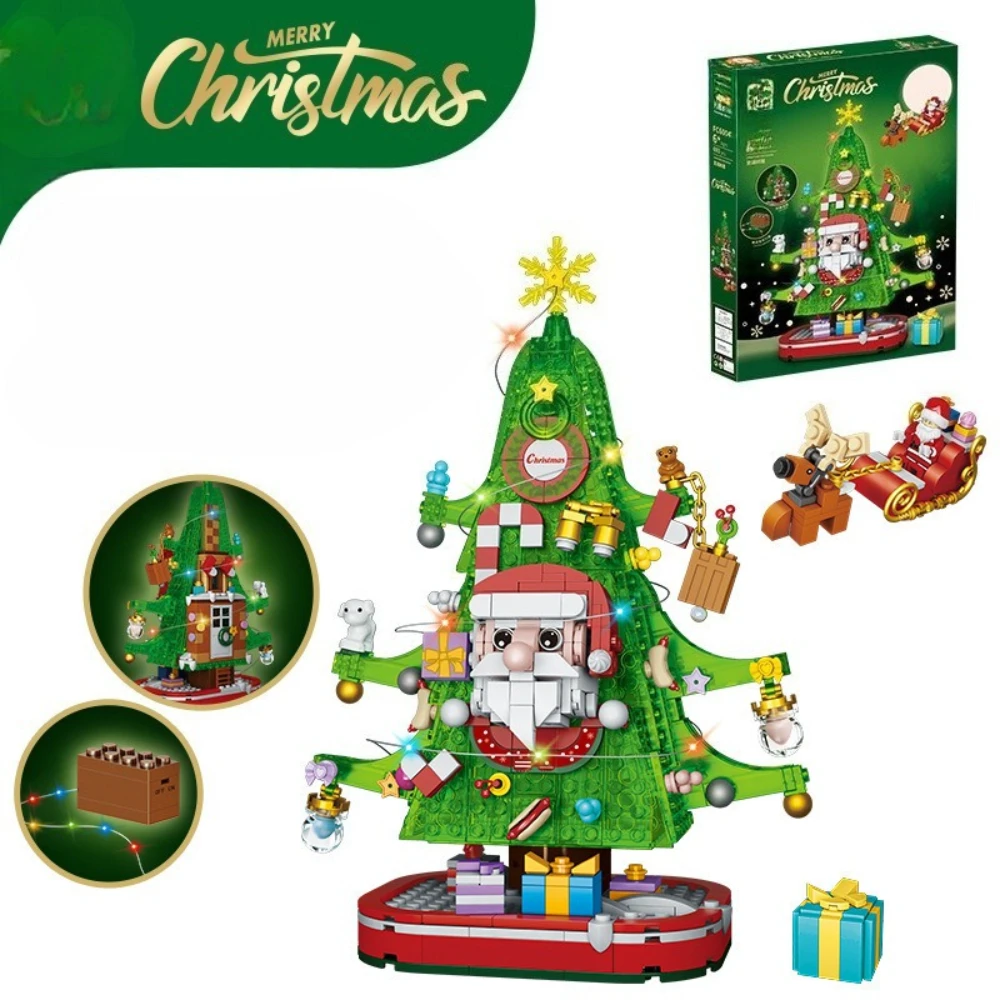 MOC 크리스마스 산타 클로스 트리 하우스 빌딩 블록 세트 겨울 진저 브레드 조명 DIY 장난감 어린이를위한 생일 선물