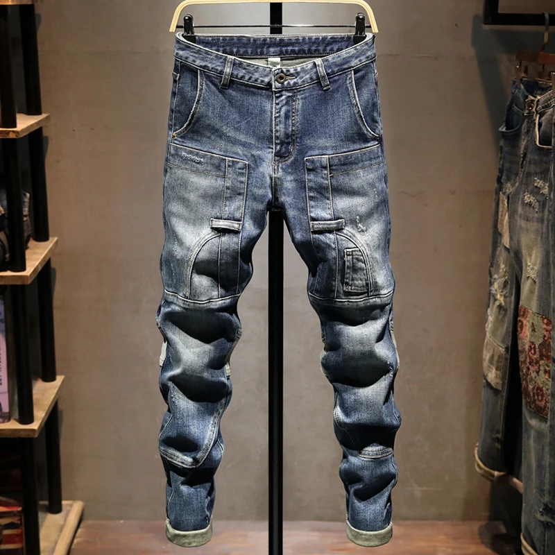 

Street Designer Fashion Men Jeans Retro Blue Spliced Slim Fit Stretch Ripped Jeans Men Y2K Patched Hip Hop Vintage Denim Pants